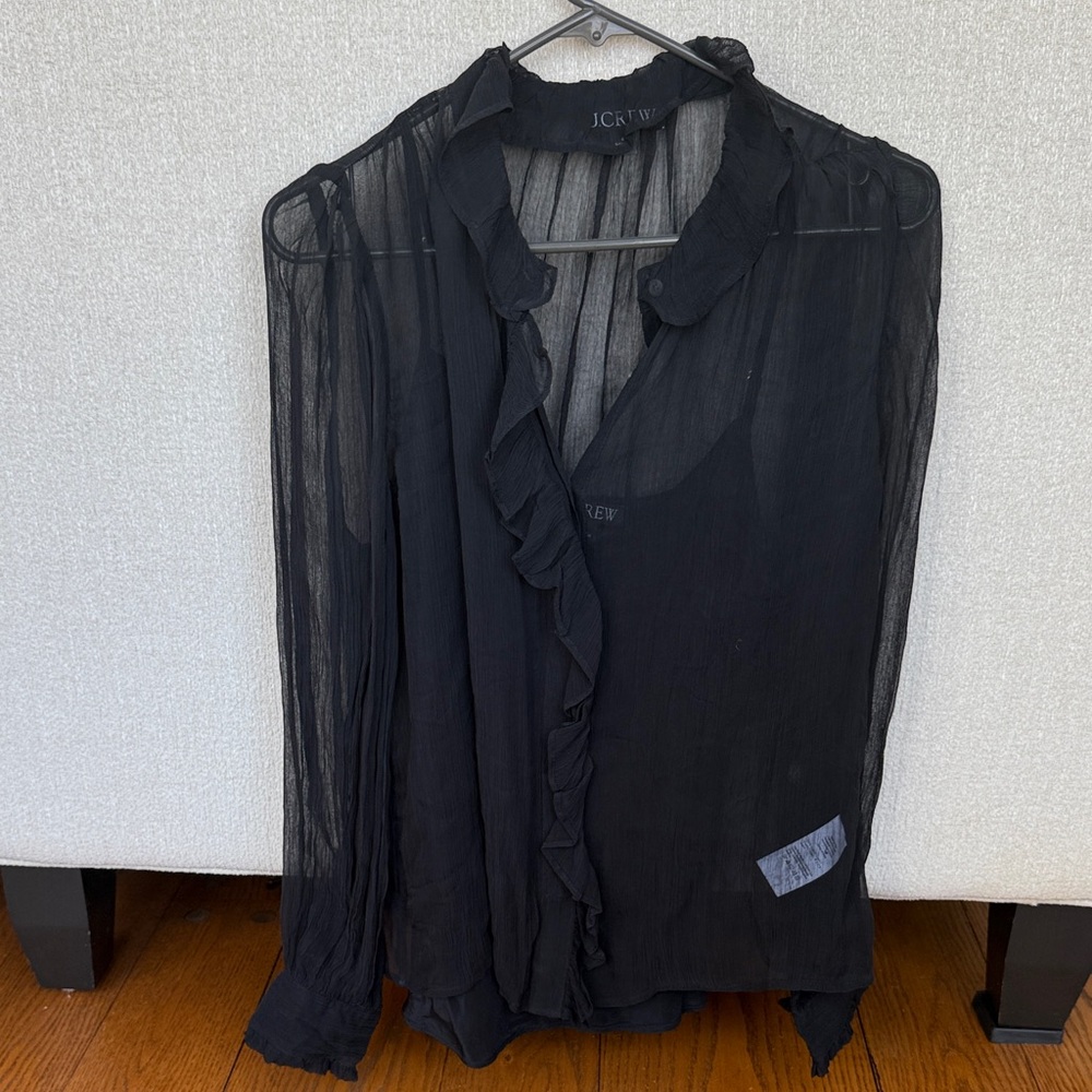 J. Crew Black Ruffle Sheer Top